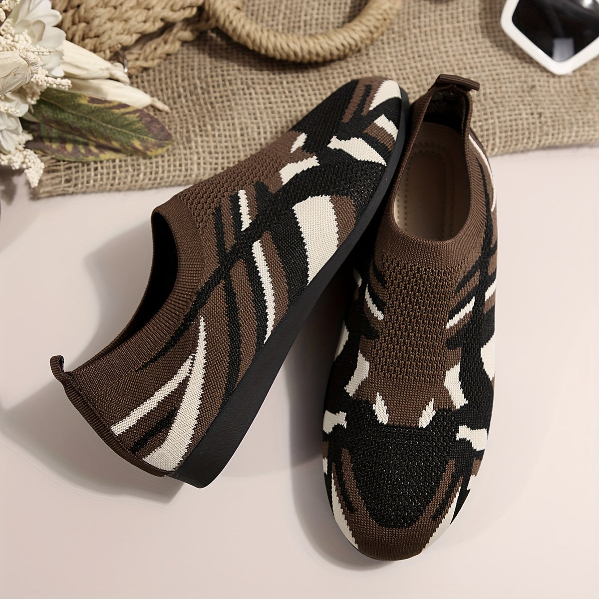 Women's Camouflage Pattern Flat Shoes, Breathable Knit Slip On Outdoor Shoes, Lightweight Low Top Shoes